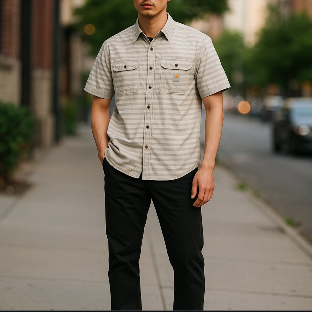 Carhartt great shape 100% cotton stripe loose fit button up pocket logo shirt - Picture 2 of 7